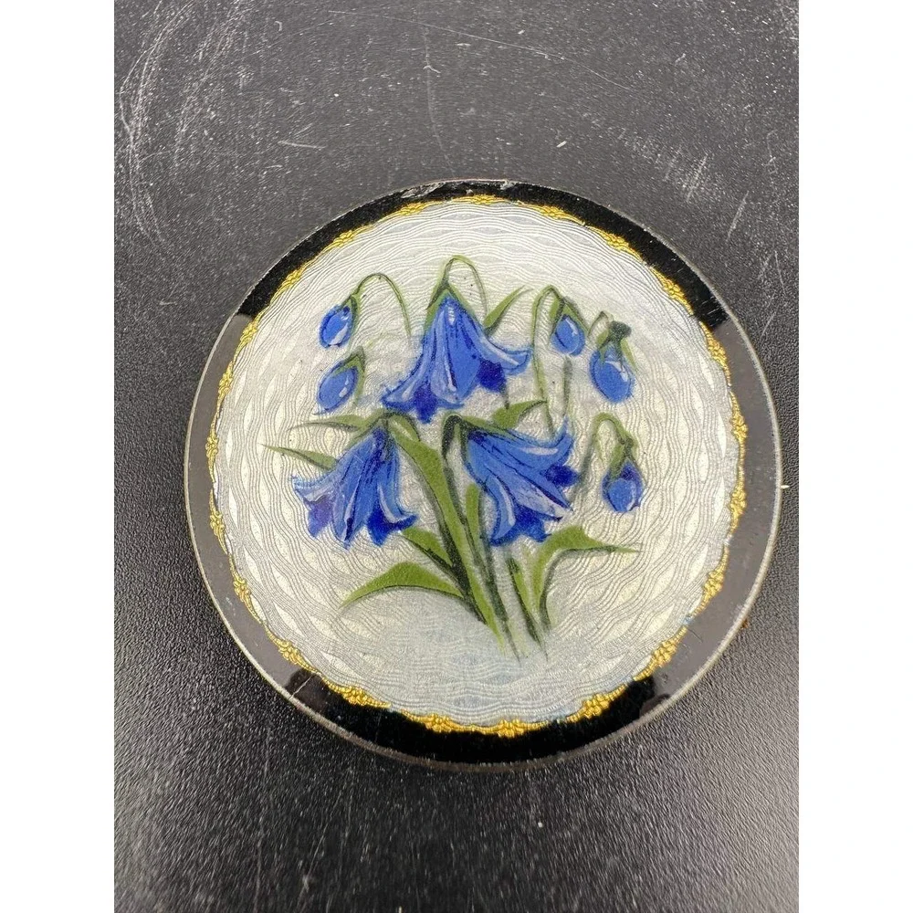 Vintage Silver Guilloche Enamel Bluebell Flower Round Brooch Pin 051 (81)